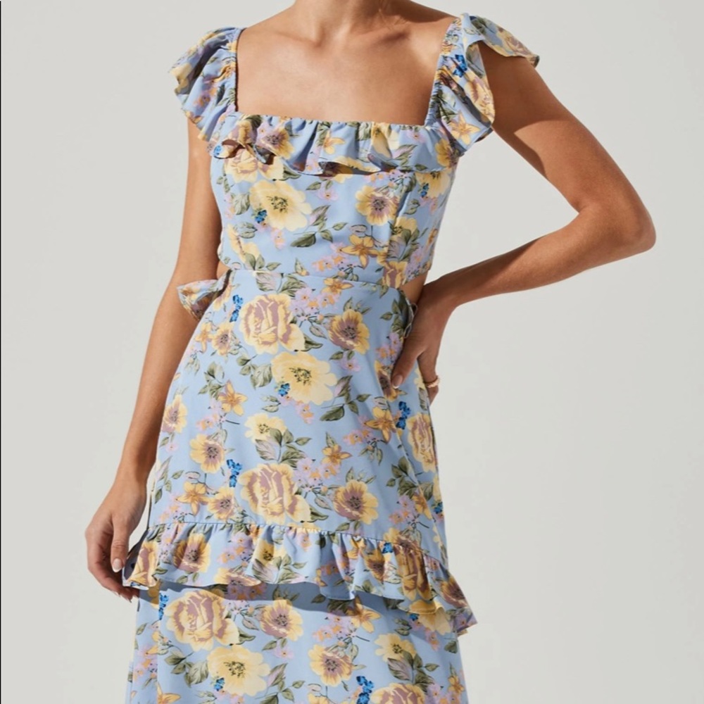 ASTR Lysette Floral Ruffle Cutout Maxi Dress - PERIWINKLE YELLOW